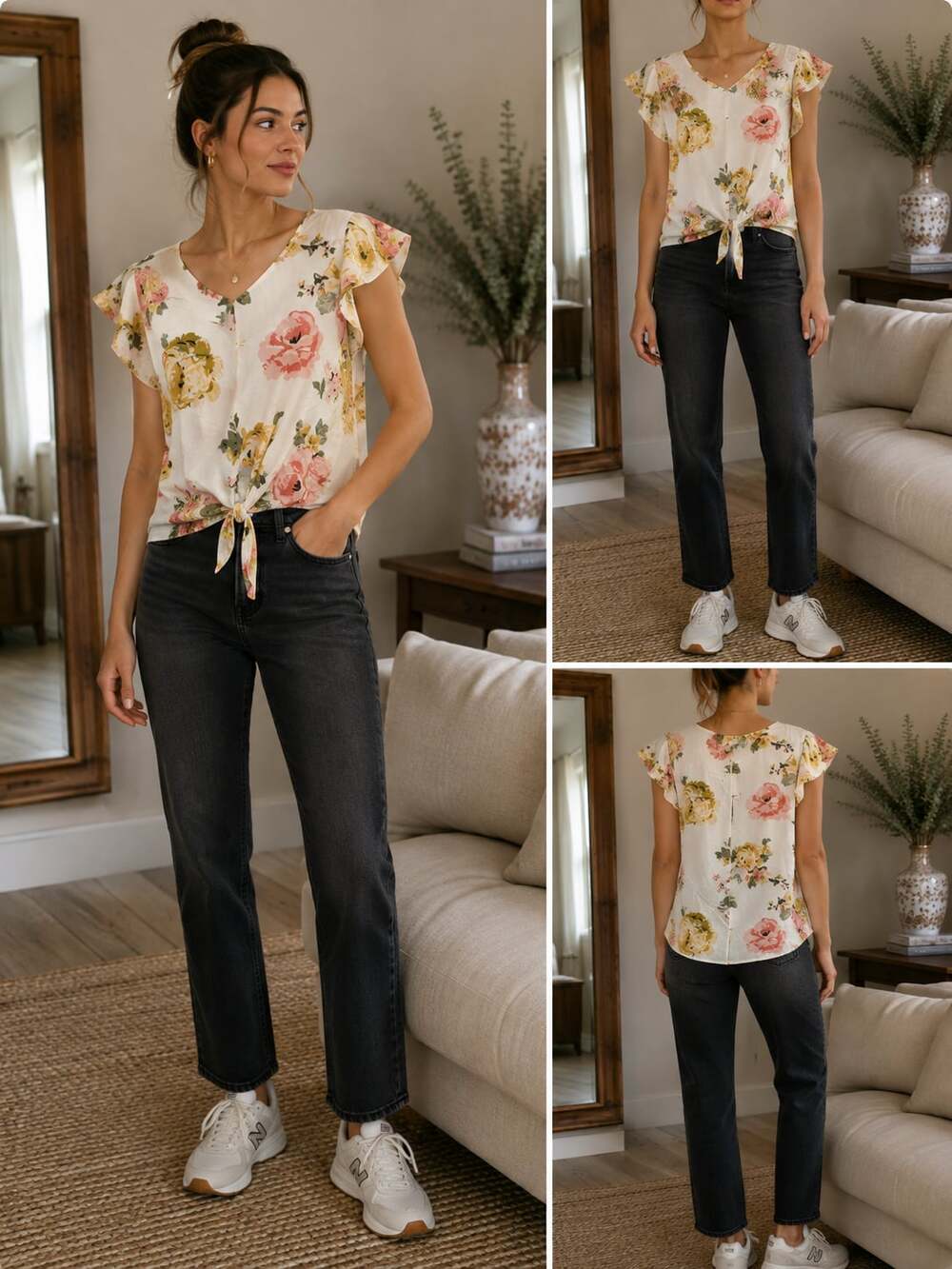 Garage Floral Cap Sleeve Tie-Front Blouse